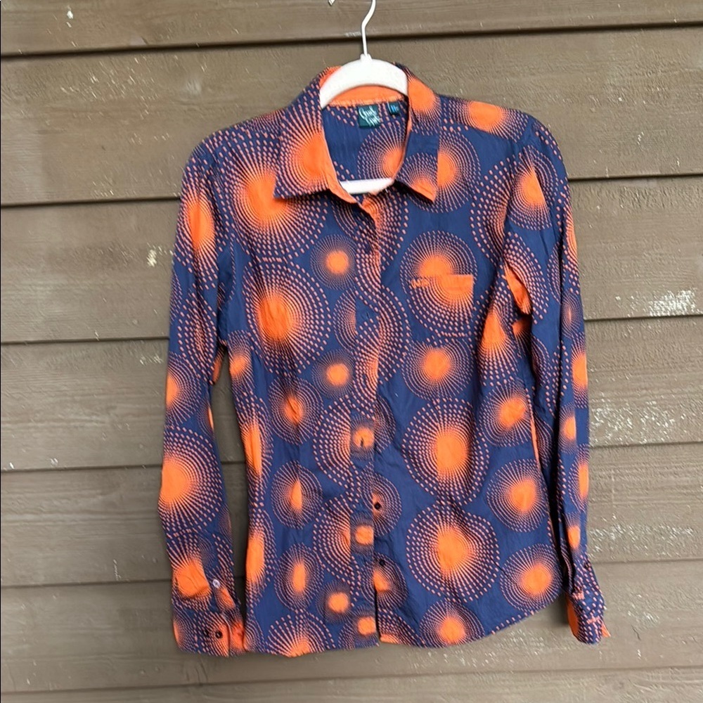 Cruel Girl Navy and Orange Patterned Button-Up Big Girls Shirt size L